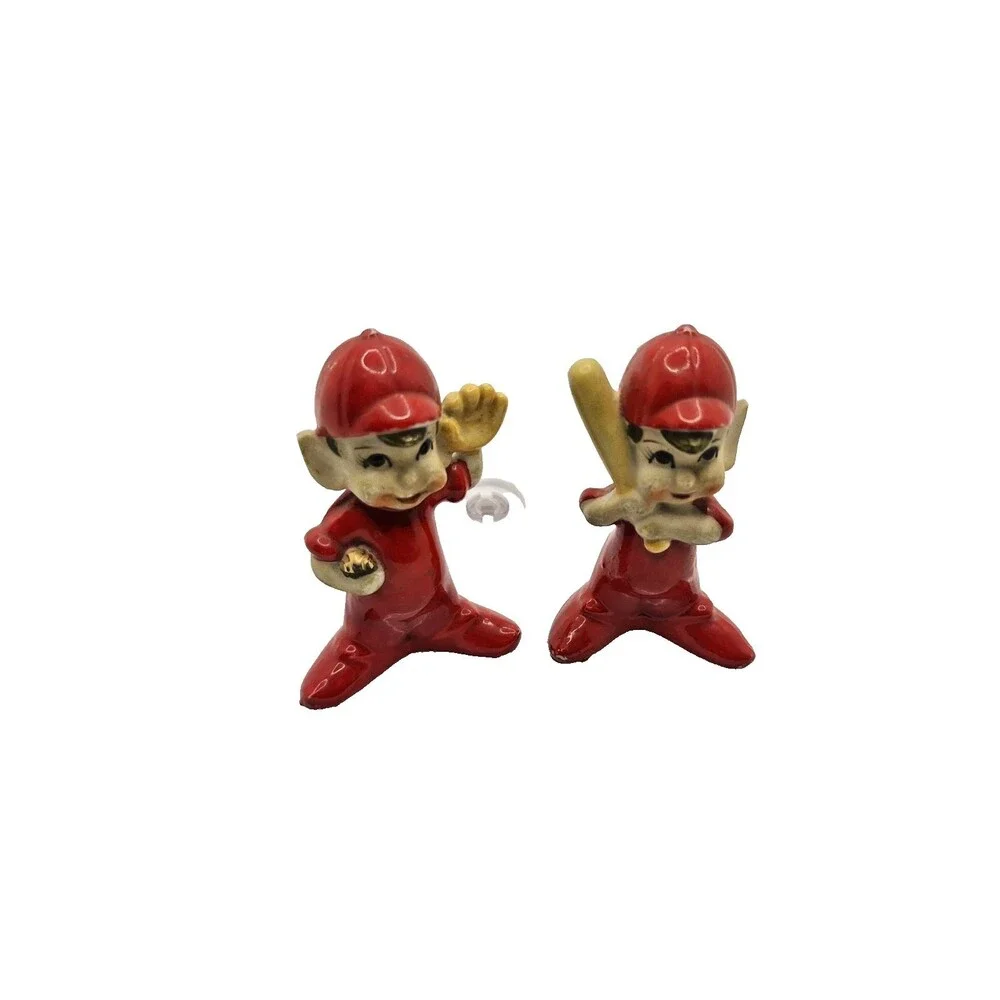 2 Vintage Josef-like Figurine Elves Pixies With Baseball Bat & Glove
